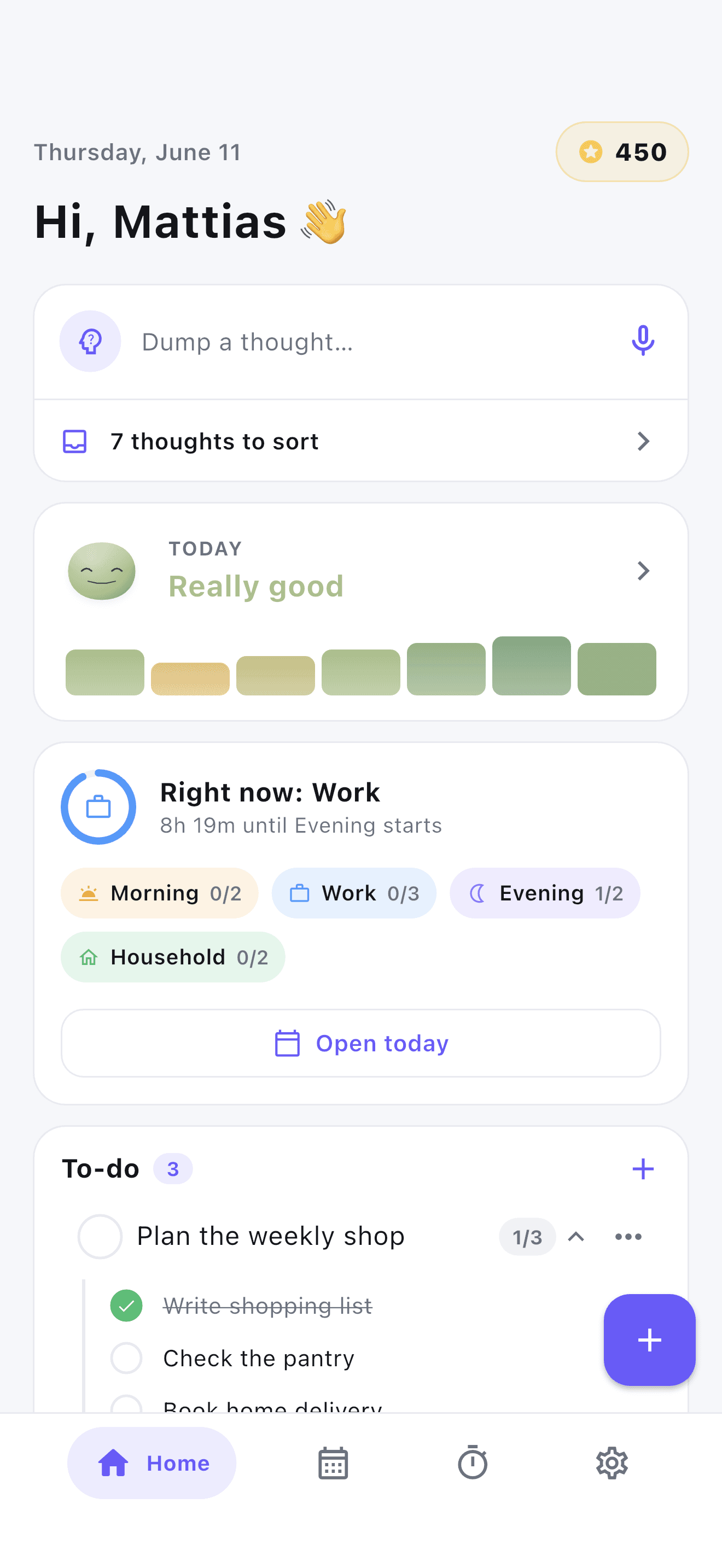 Stedo home screen for adults with ADHD, showing today's routines, mood and points.