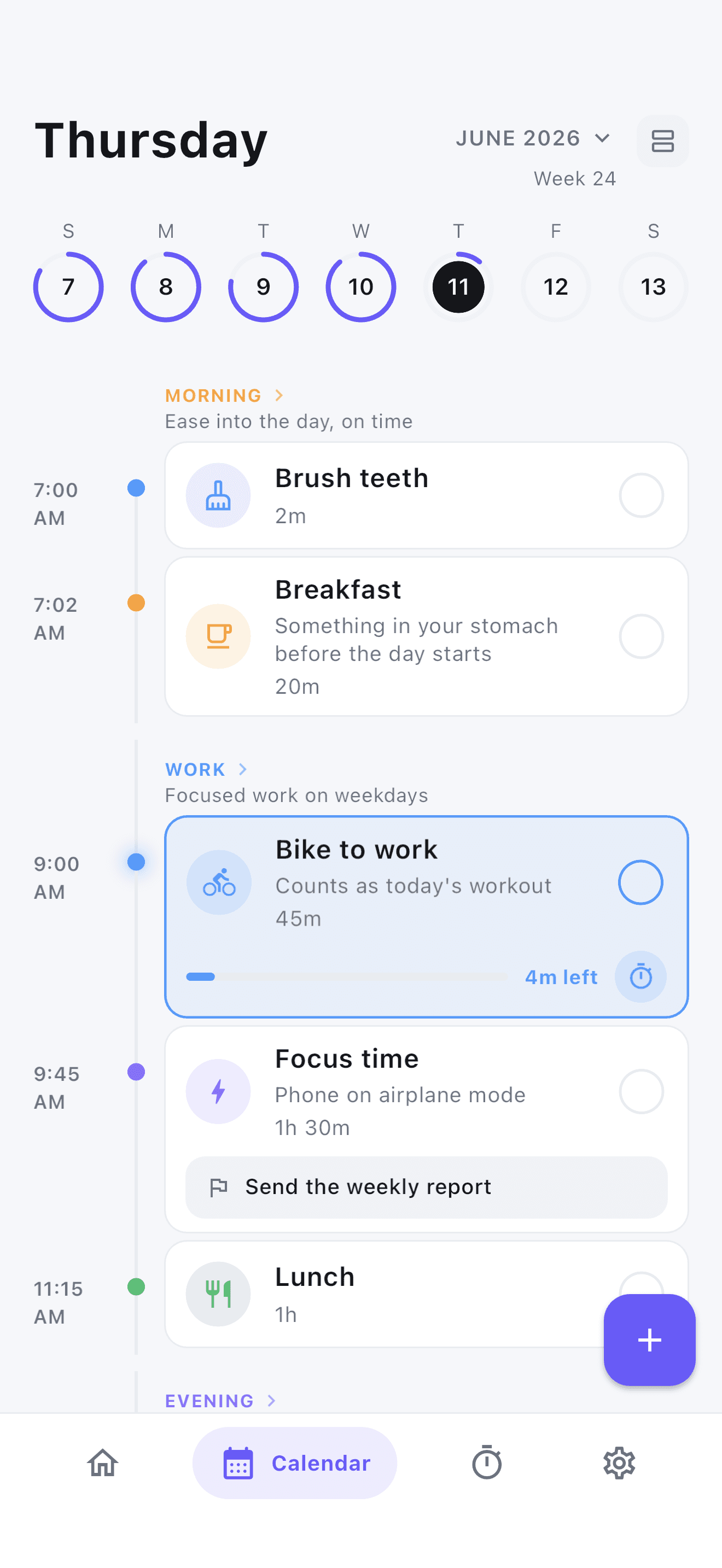 Stedo daily timeline with color-coded, time-blocked routines for a calmer day.