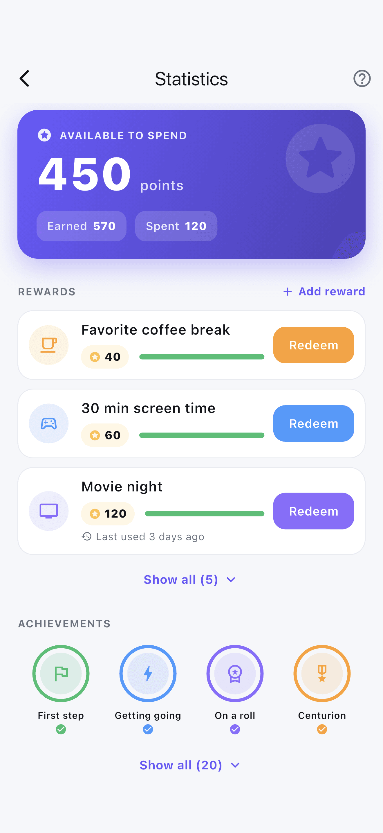 Stedo progress screen with points, redeemable rewards and achievement badges.