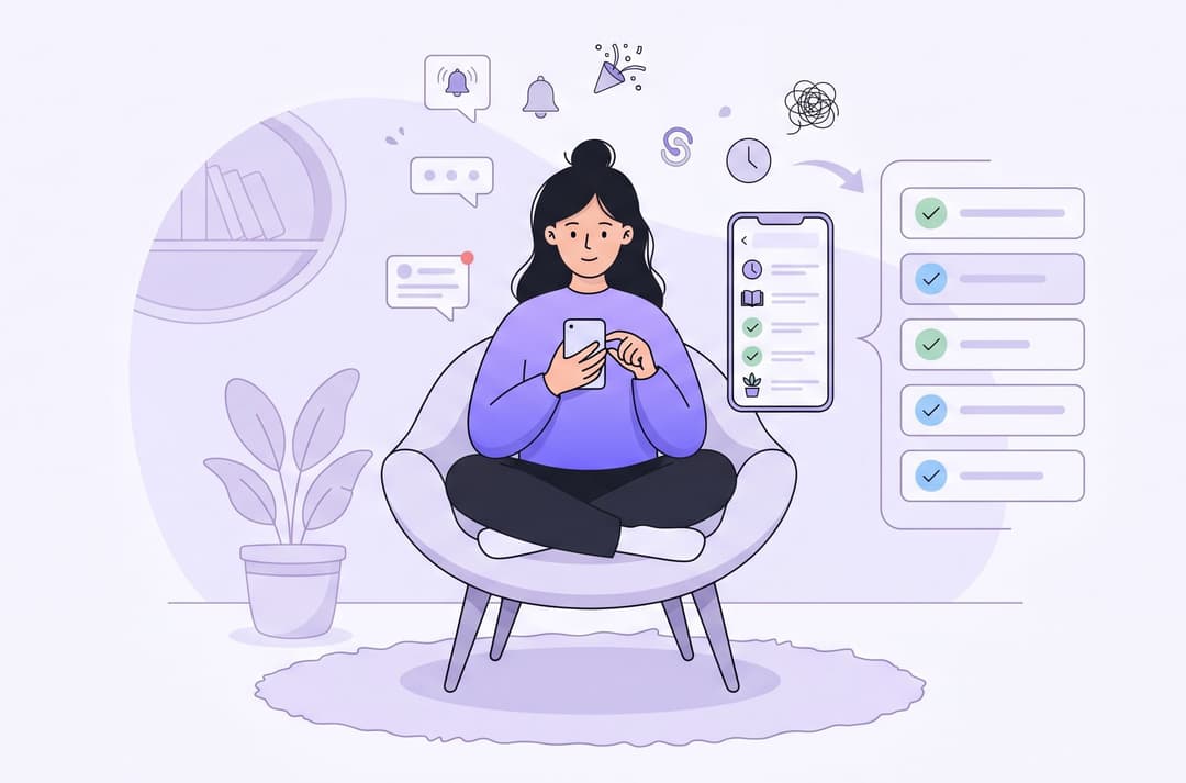 A person sits calmly in an armchair and follows their routines in the Stedo app, while distractions like notifications and messages are sorted into a clear checklist.